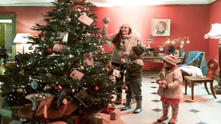Visitors looking at a Christmas Tree in the entrance of Killerton House